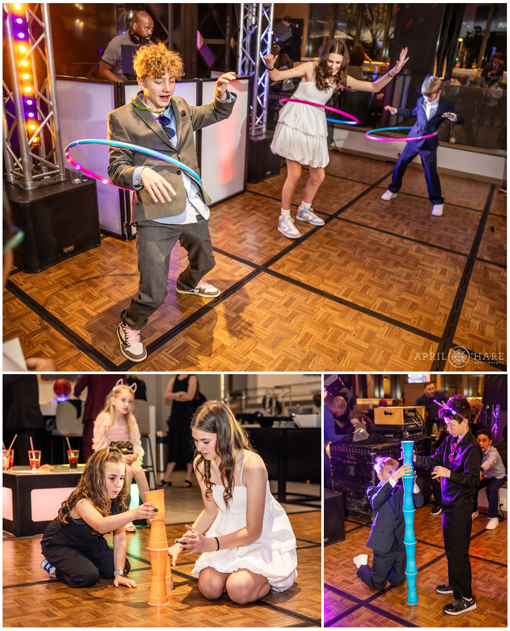 Kids playing party games on the dance floor at a bar mitzvah party in Denver CO