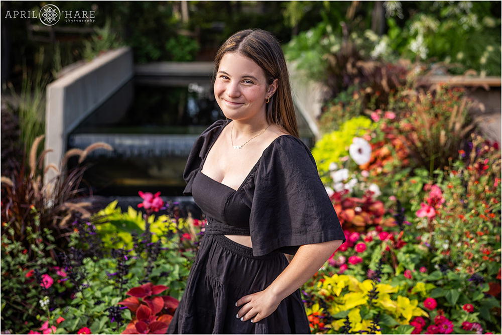 Senior girl in a colorful garden setting at Denver Botanic Gardens in Colorado