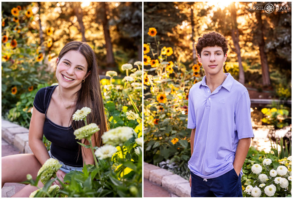 Pretty lighting for senior portraits with sunflower backdrop in Denver