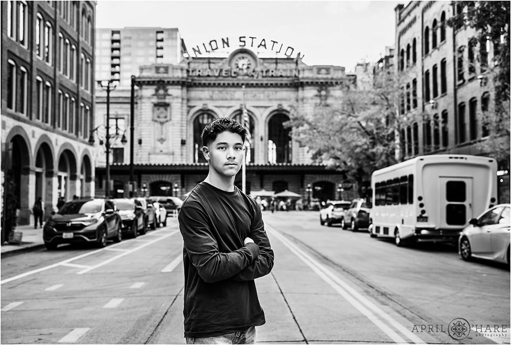 B&W Senior Photo in front of Union Station in downtown Denver Colorado