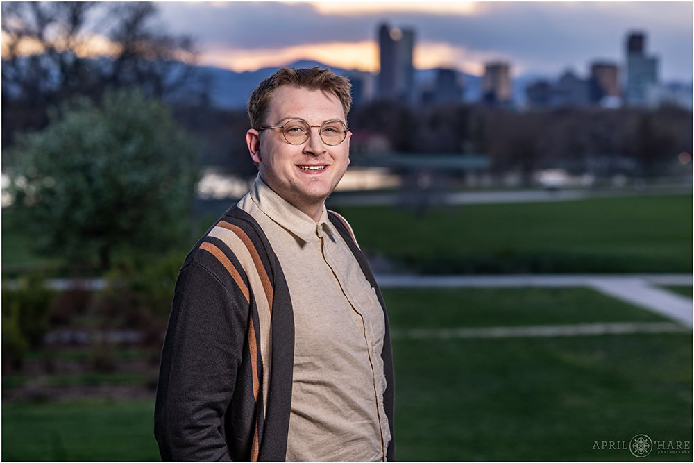 City Park city skyline backdrop for a headshot photo during spring in Denver CO