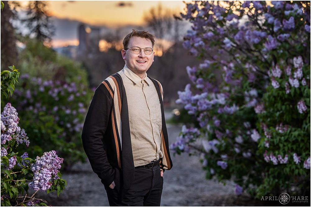 Spring lilacs in bloom at a headshot portrait session at City Park in Denver Colorado