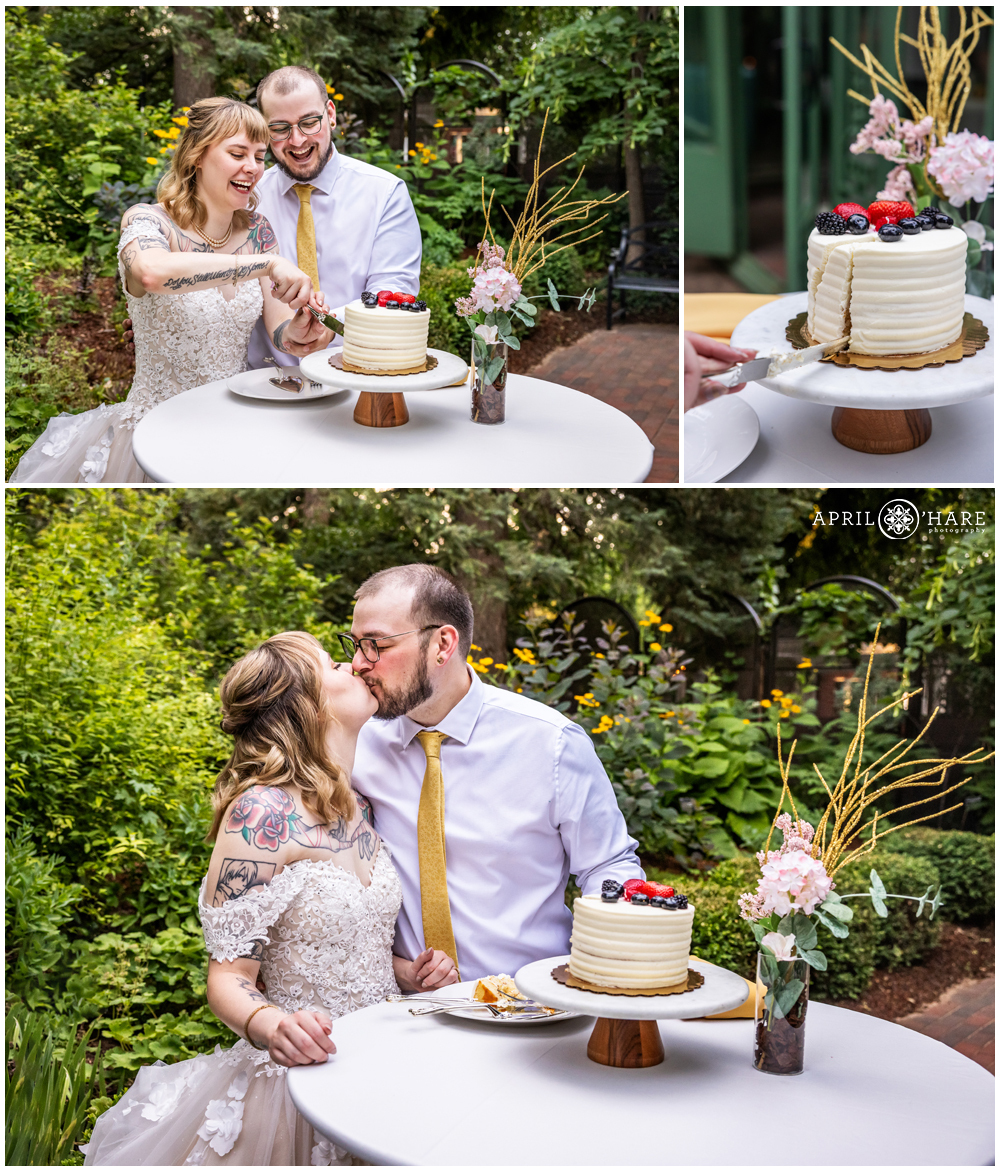 Bride and Groom cut their wedding cake on the patio outside of the Woodland Mosaic greenhouse at Denver Botanic Gardens
