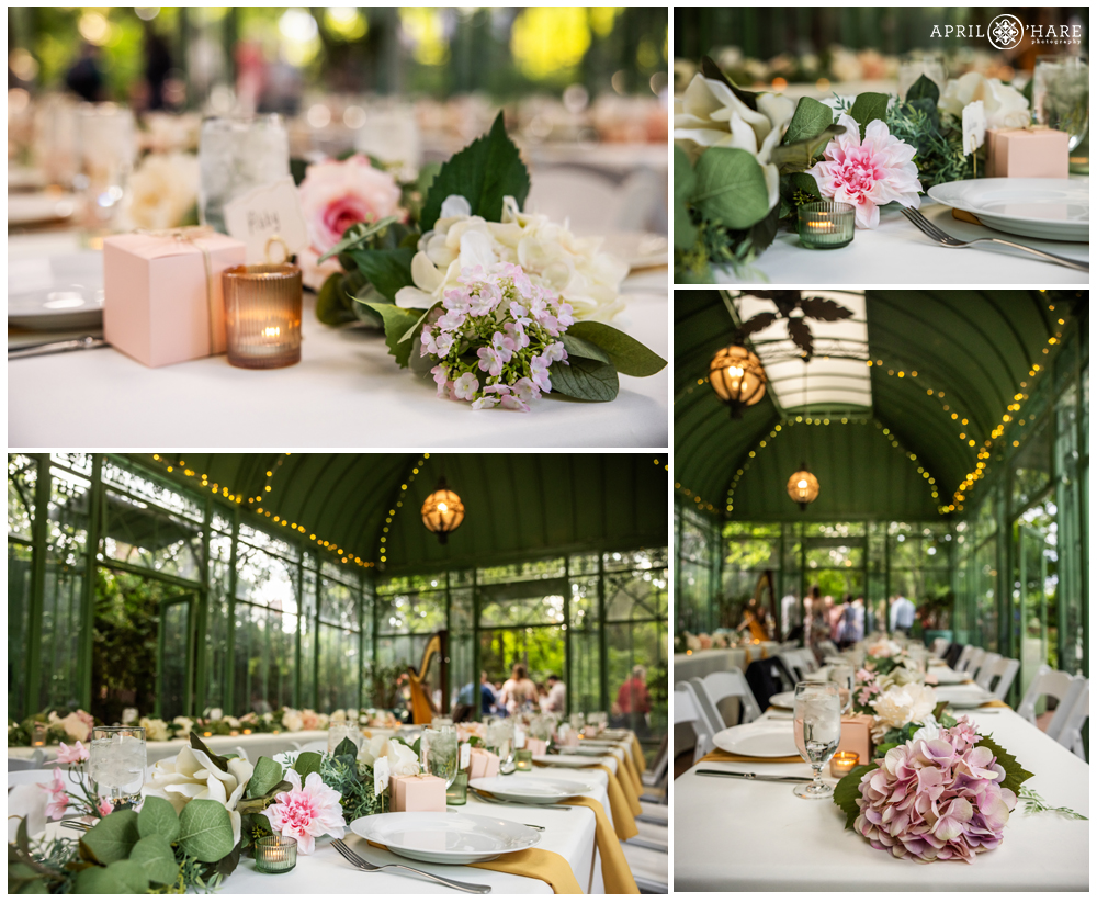 Woodland Mosaic Solarium set up for a pretty summer wedding reception dinner with pink florals at Denver Botanic Gardens