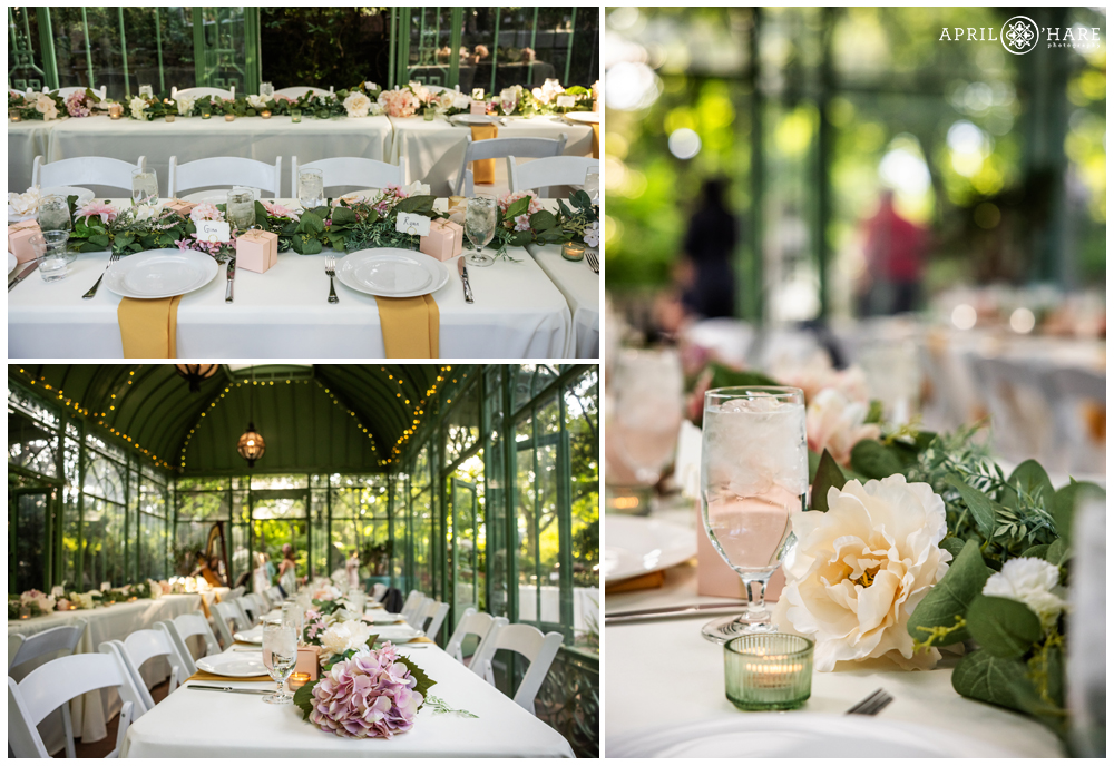 Dinner reception detail photos of the Woodland Mosaic Greenhouse Solarium at Denver Botanic Gardens for a summer wedding
