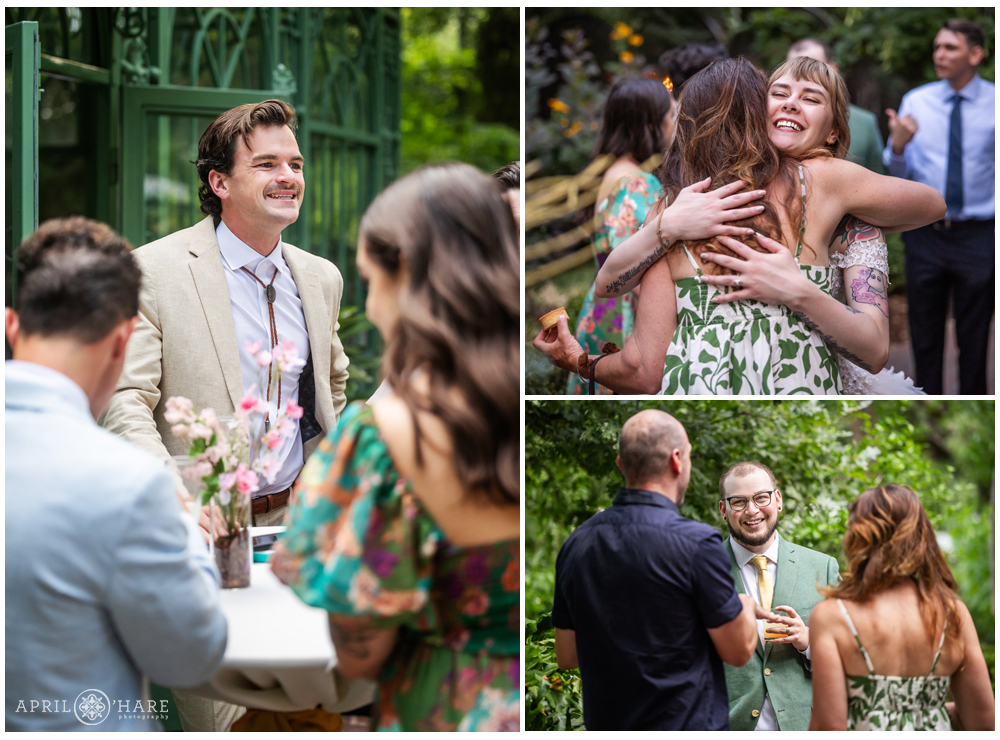 Friends enjoy each other's company at a wedding reception at the Woodland Mosaic Solarium at Denver Botanic Gardens
