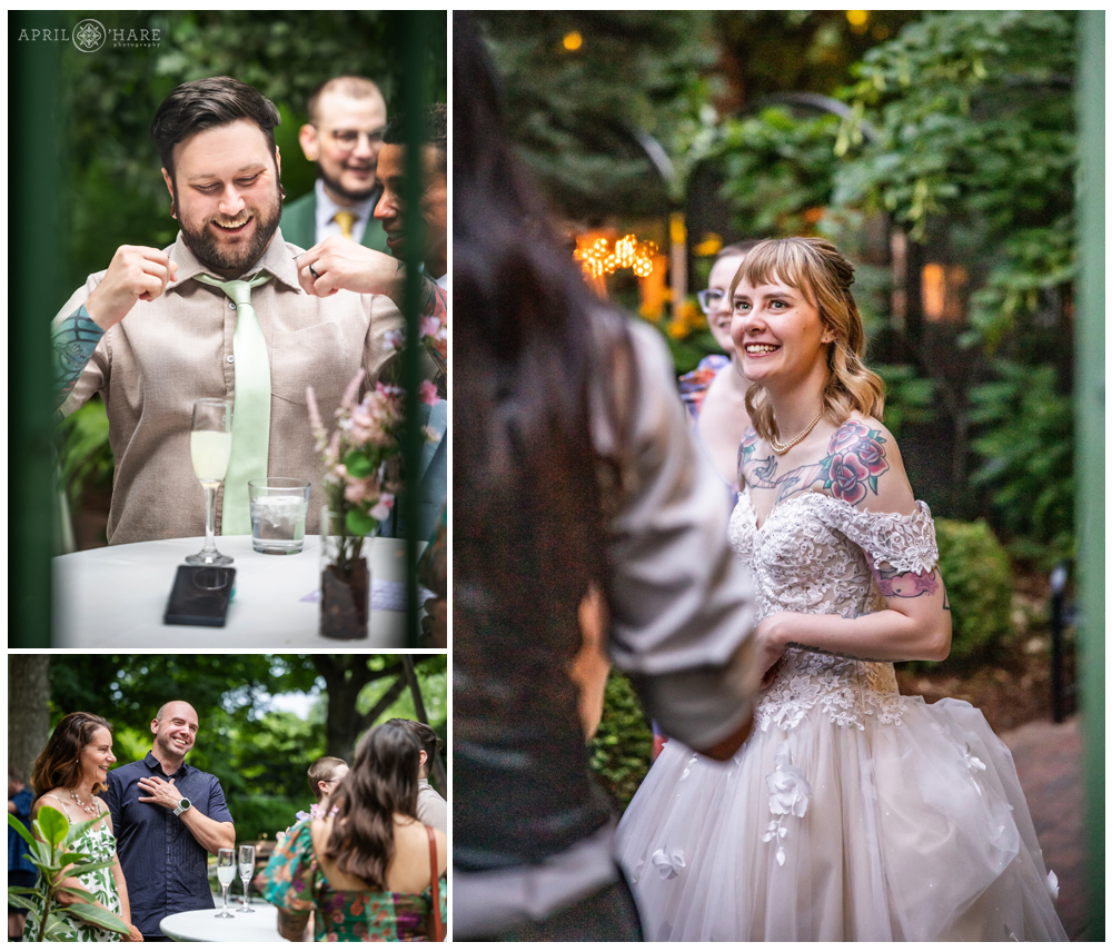 Photo collage of guests enjoying a wedding reception at the Woodland Mosaic garden area of Denver Botanic Gardens