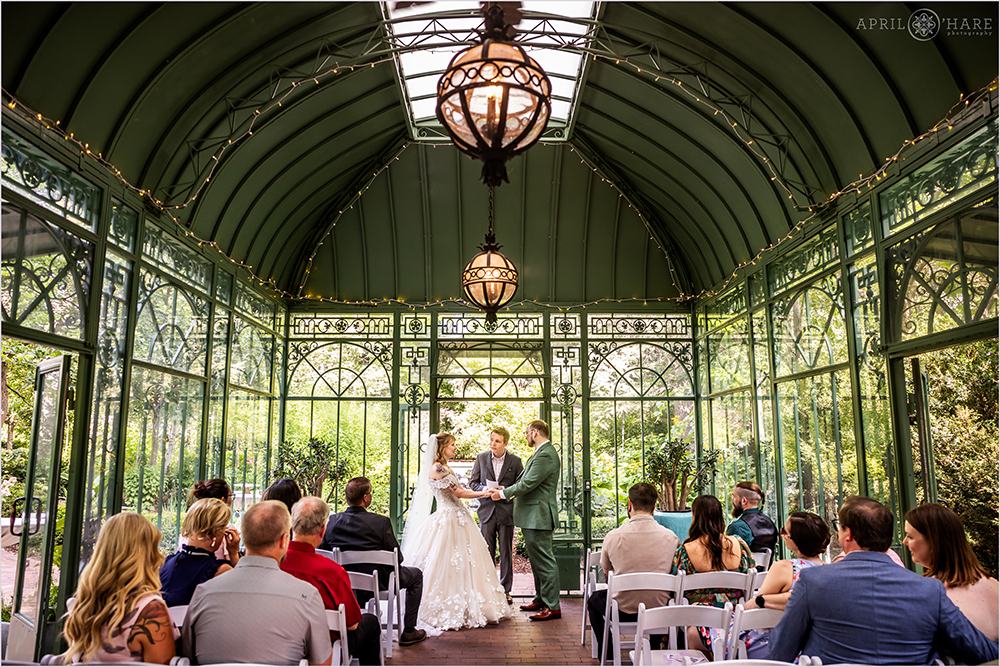 Couple get married inside the Woodland Mosaic Solarium at Denver Botanic Gardens during June