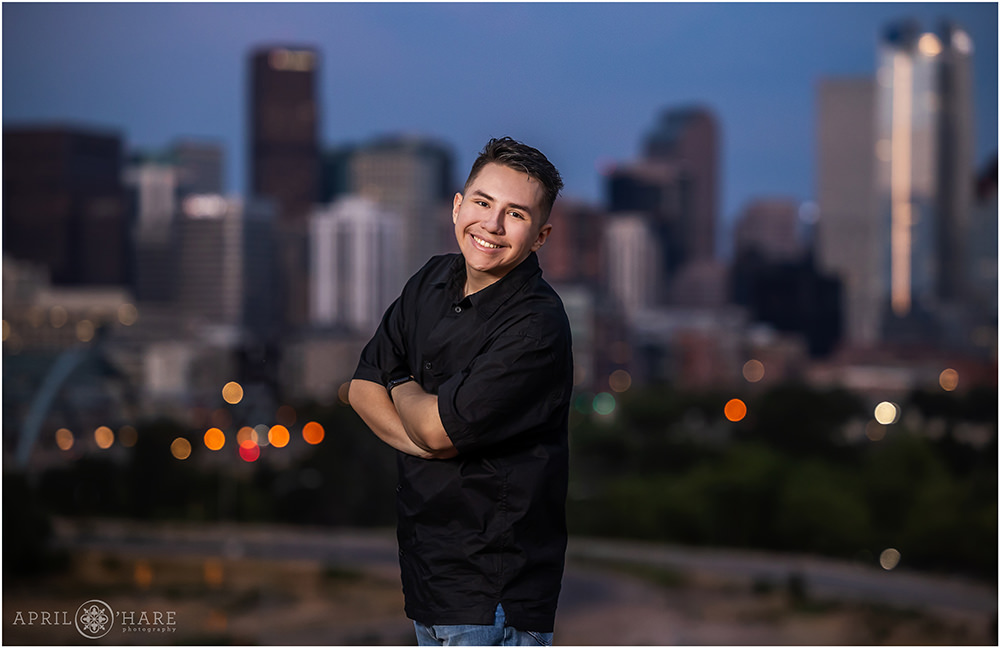 Denver city skyline photo at dusk senior photography