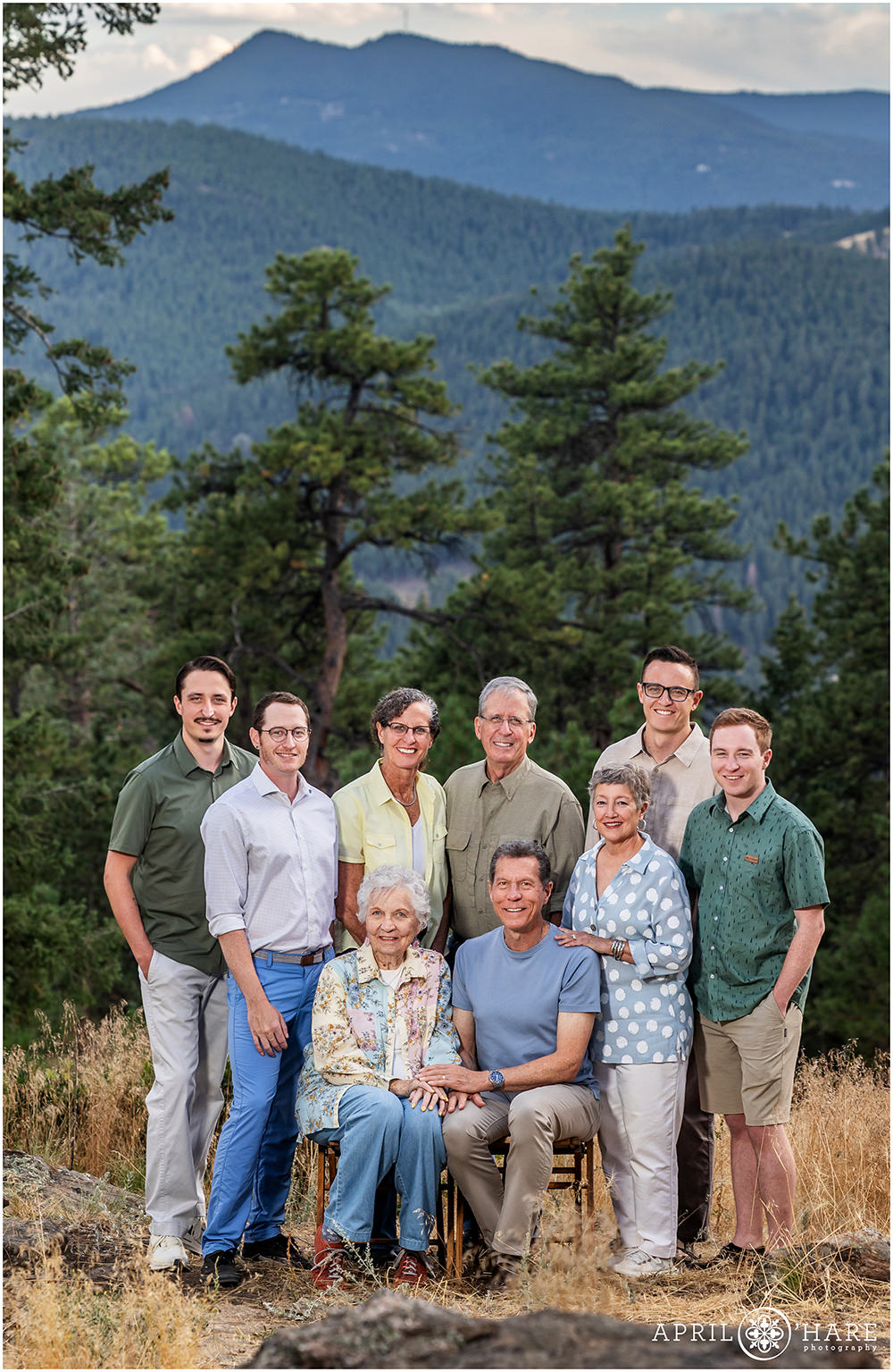 West Mount Falcon Family photo with a mountain backdrop in Colorado