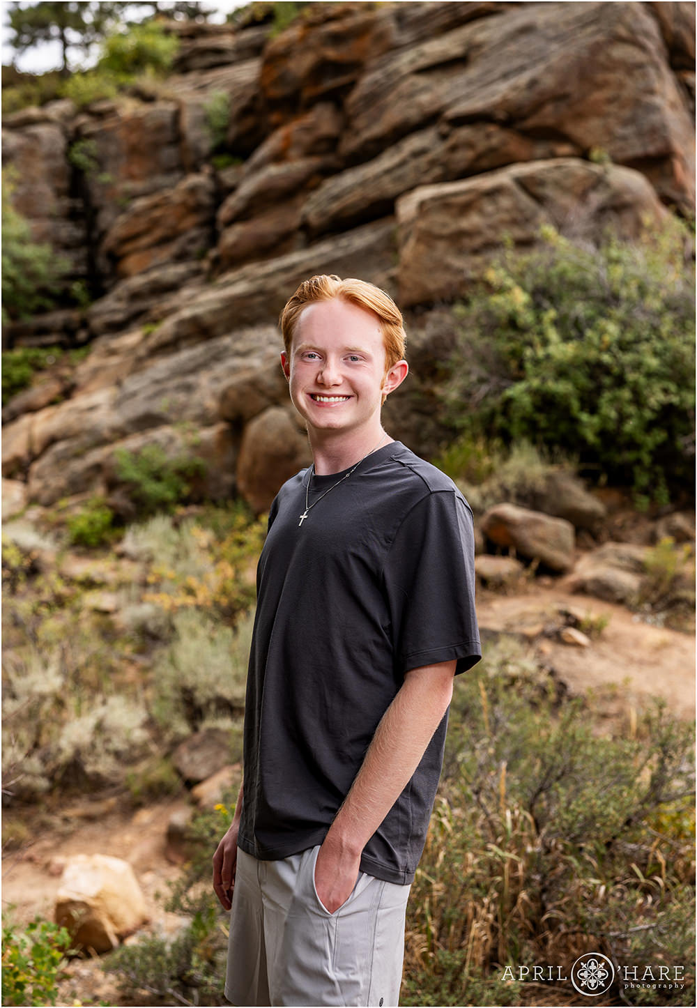 Rock backdrop at Rocky Mountain National Park Senior Portrait in Colorado