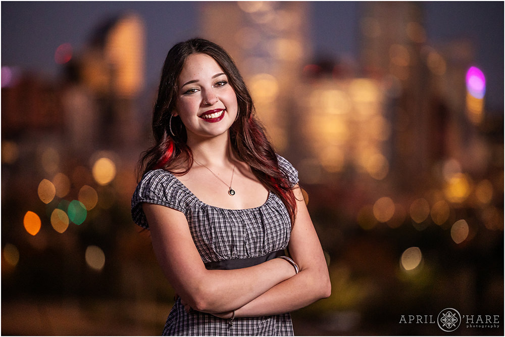 City of Denver skyline lit up at night senior photography