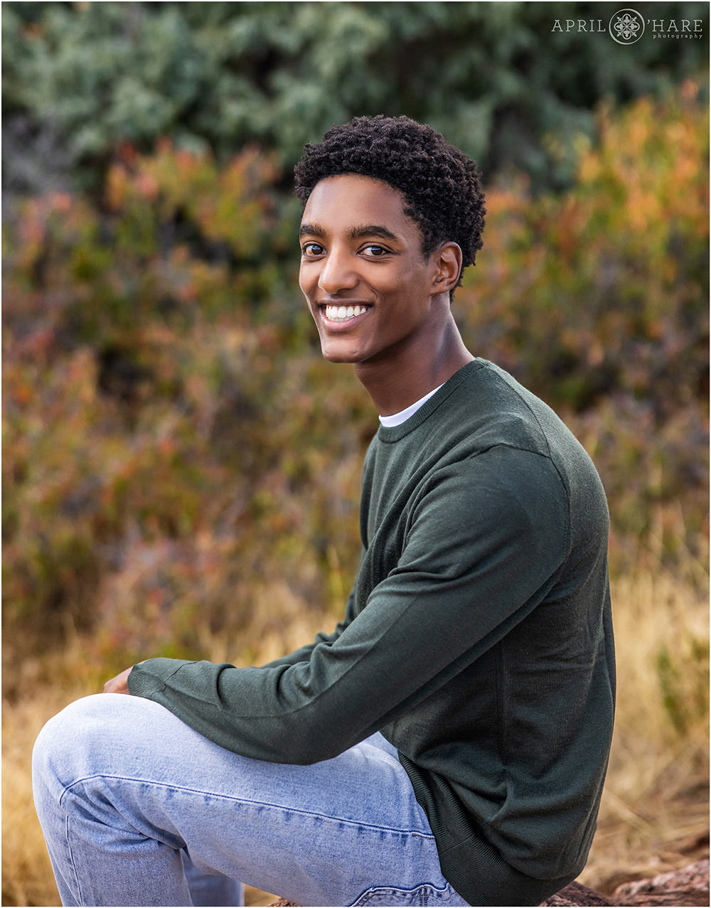 Classic High School Senior Photography with pretty fall color in the backdrop at Morrison Trailhead in Colorado