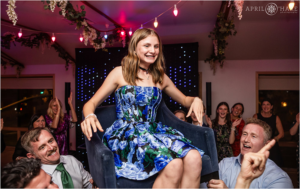 Horah chair dance at a Bat Mitzvah Party at Rembrandt Yard in Boulder CO