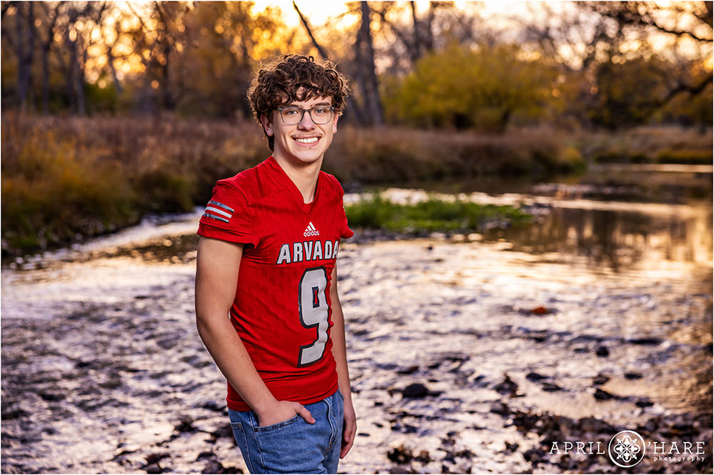 Senior portrait for a football player at Clear Creek in Wheat Ridge CO