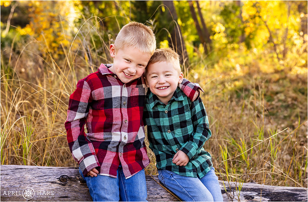 Two young brothers wearing plaid sit on a fallen log in the fall color at Anderson Park in Wheat Ridge