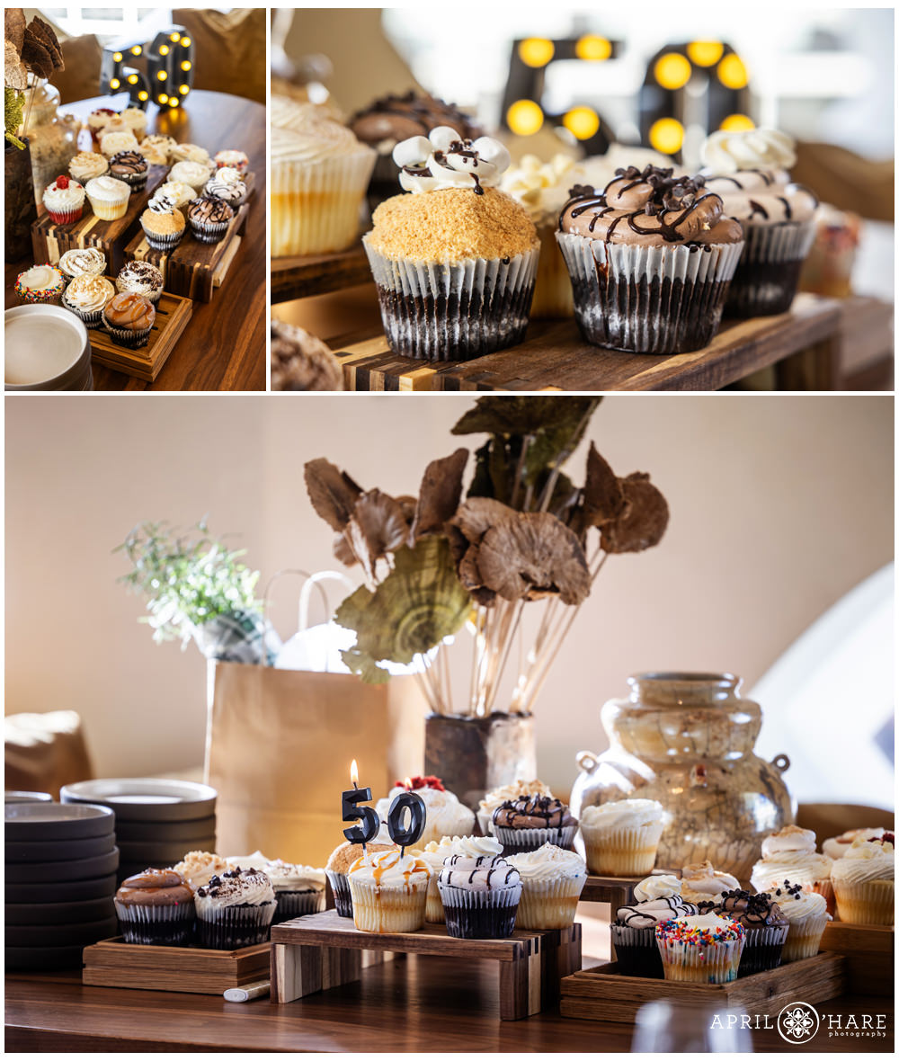 Detail photos of cupcakes at a 50th birthday party brunch in the private room at Stellar Jays Rooftop Bar in the Populous Hotel in Denver, CO