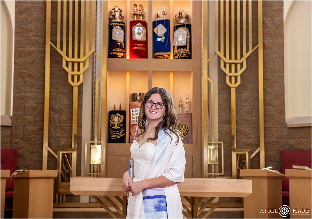 Bat Mitzvah Portrait for a young girl inside the sanctuary at Hebrew Educational Alliance