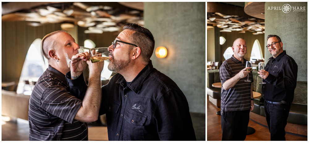 Two old friends hanging out together at Stellar Jay brunch party at Populous Hotel in Denver CO