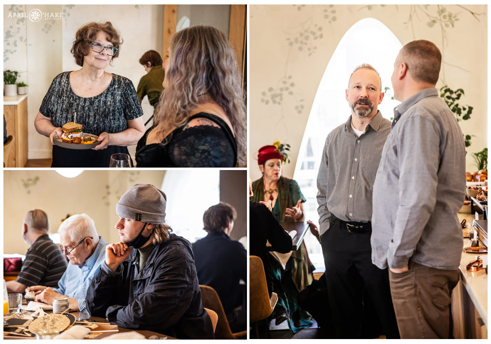 Photo collage of guests hanging out at a birthday brunch party at Stellar Jays in Denver CO