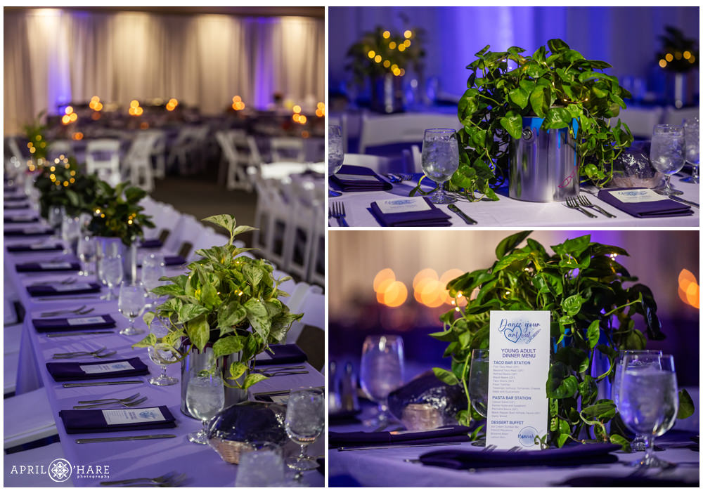 Tables all set up with green plants and artist paint cans for a bat mitzvah at Hebrew Educational Alliance