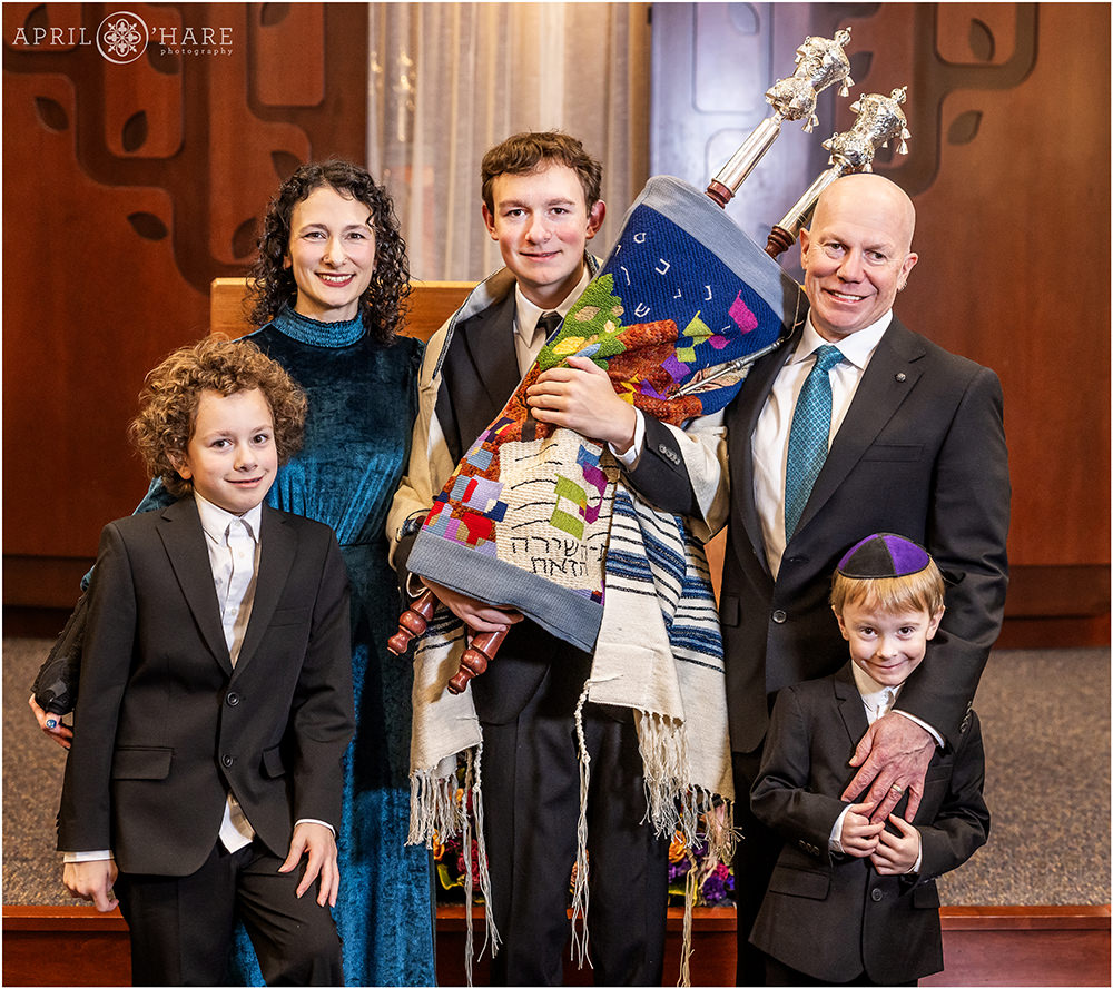 Family portrait for a family of five at their eldest son's bar mitzvah at Temple Sinai in Denver