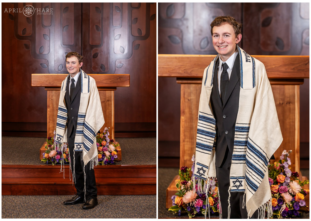 Portrait collage of a bar mitzvah boy wearing his tallit at his bar mitzvah rehearsal at Temple Sinai in Denver CO