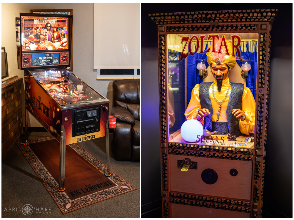 Classic video game machines at Super Awesome Fun Factory featuring the Big Movie's Zoltar and a Big Lebowski pinball machine