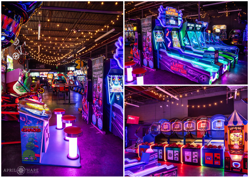 The interior warehouse space of Super Awesome Fun Factory private video arcade in Denver Colorado