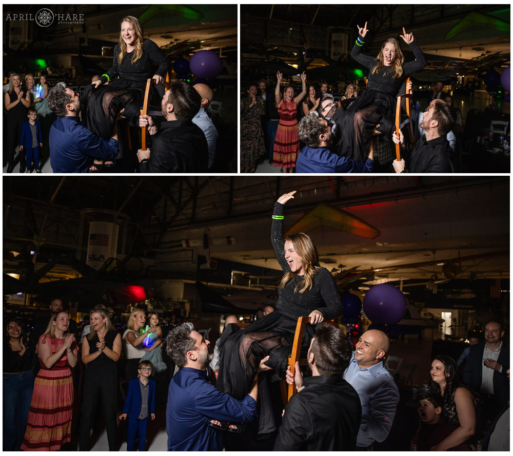 Photo collage of a mom being lifted up in a chair during the Horah at her son's bar mitzvah party at Wings Over the Rockies in Denver, CO