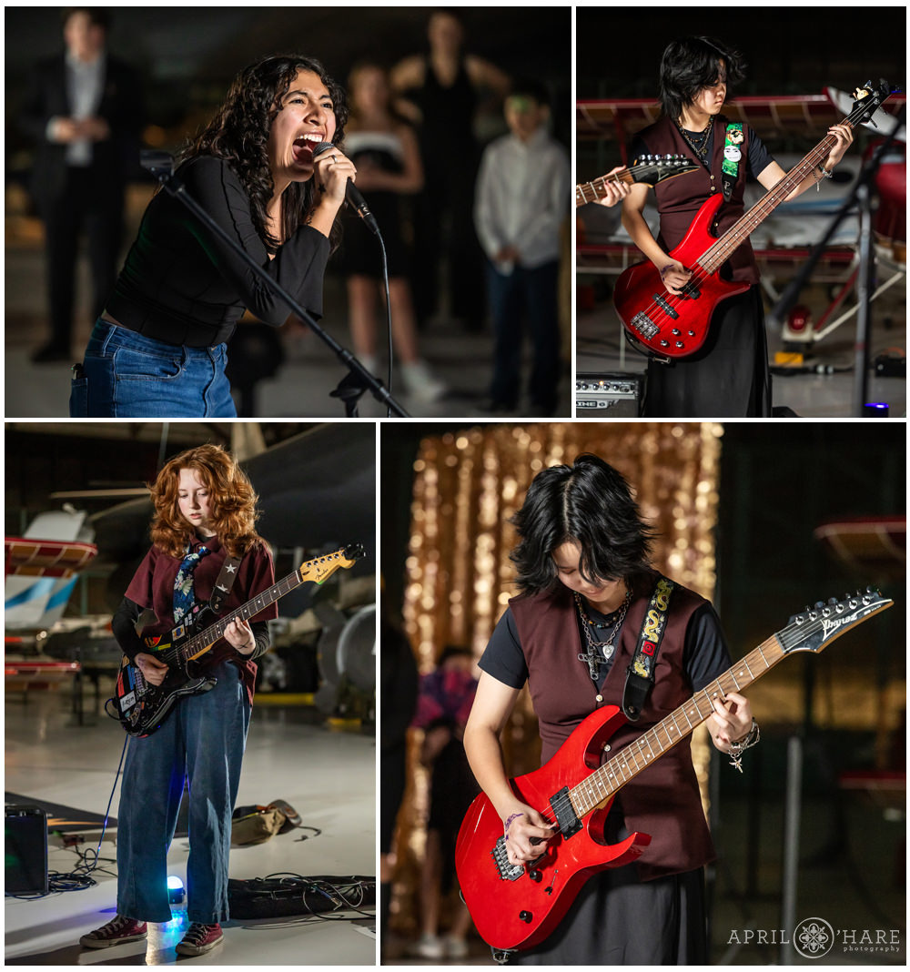 Photo collage of teens playing rock music together at a bar mitzvah party