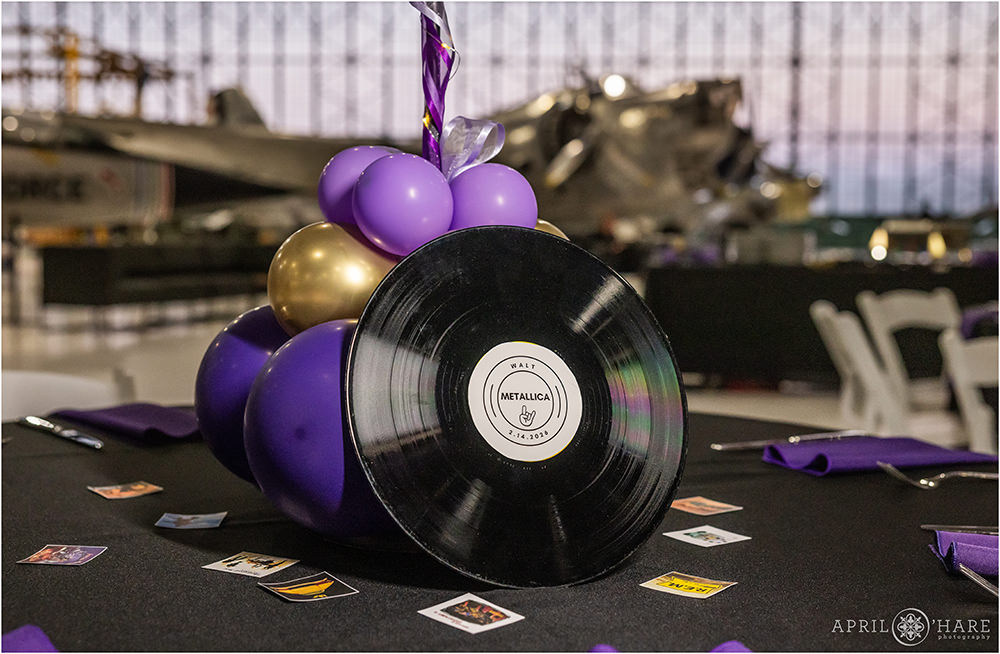 Metallica table at a Rock Music themed bar mitzvah at Wings over the Rockies museum in Lowry in Denver CO