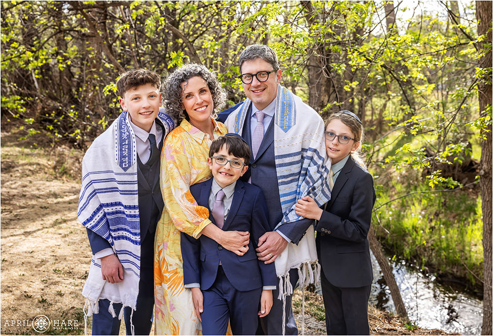 Family Portrait in front of the river at Congregation Bonai Shalom in Boulder Colorado