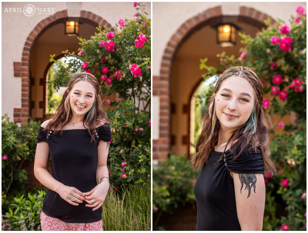 Pretty rose archway backdrop for a senior portrait at Denver Botanic Gardens