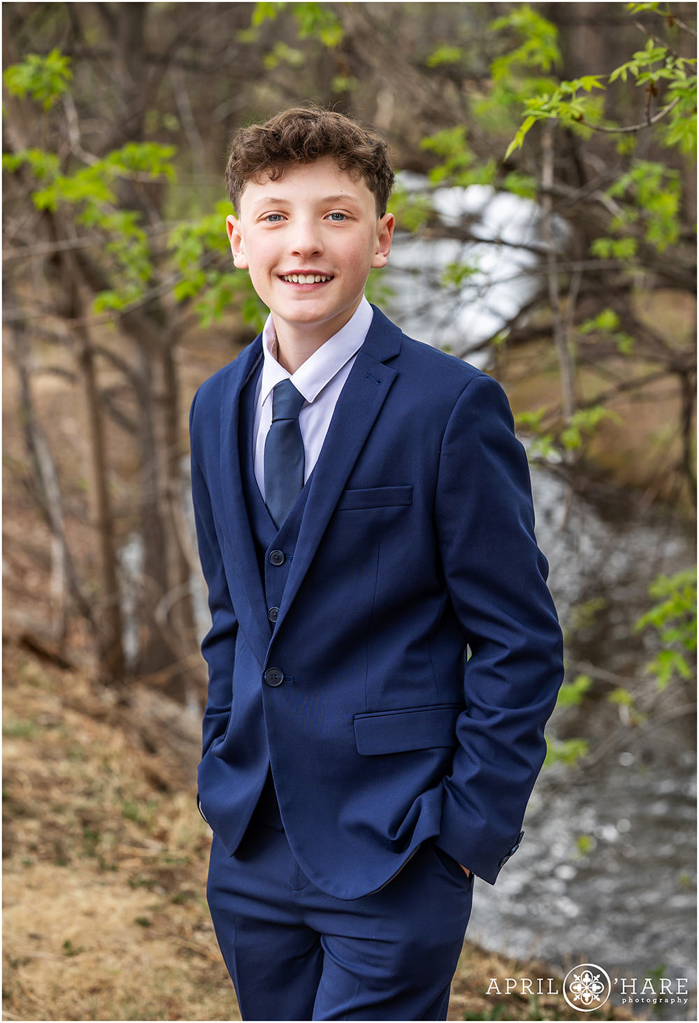 Bar Mitzvah Portrait during spring at Congregation Bonai Shalom in Boulder CO