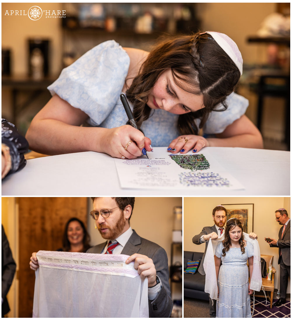 Bat mitzvah girl signs her contract before her bat mitzvah service at Temple Emanuel in Denver CO