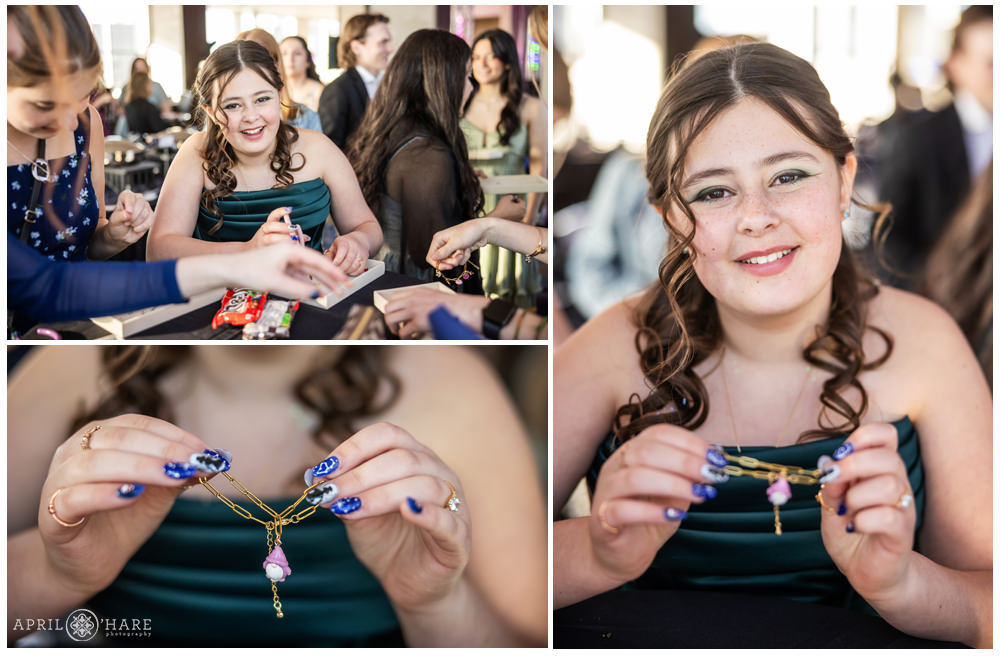 Bat mitzvah girl makes a charm bracelet at her party using the Slumberluxx service in Denver