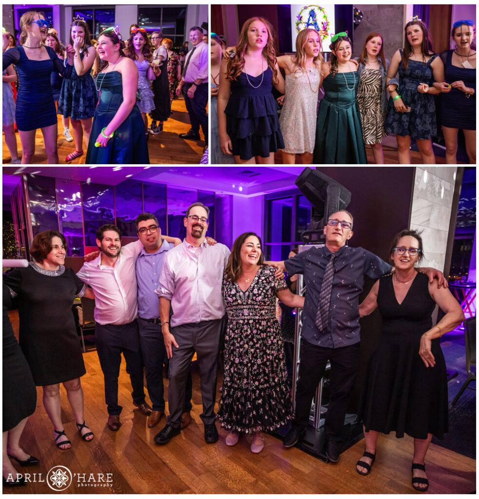 Guests gather together to sing one last song at a bat mitzvah party at Hyatt Regency DTC
