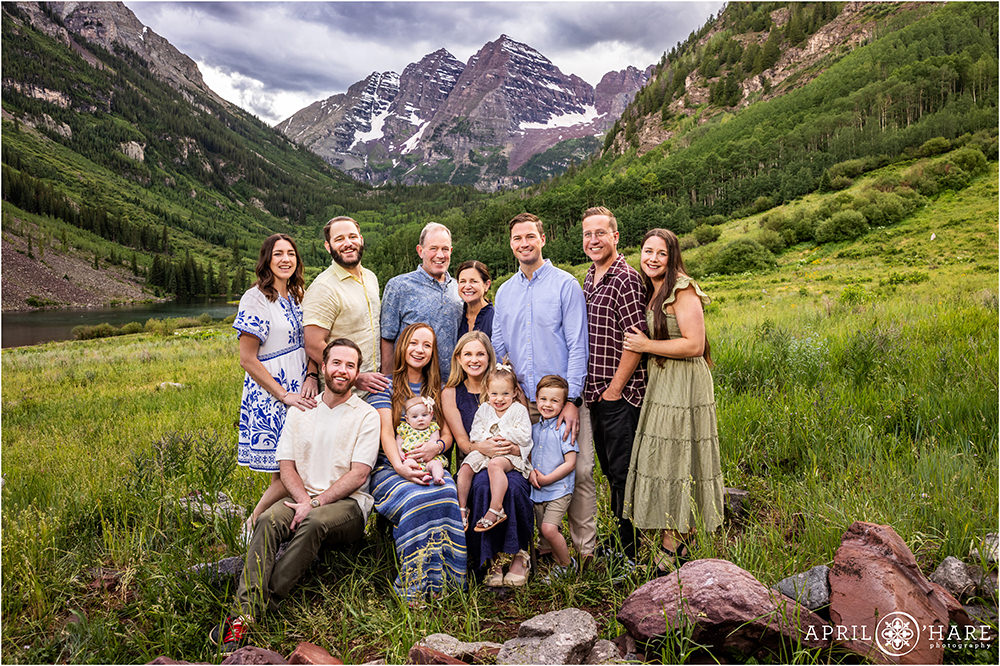 Group photo of a family at Maroon Bells during June in Colorado
